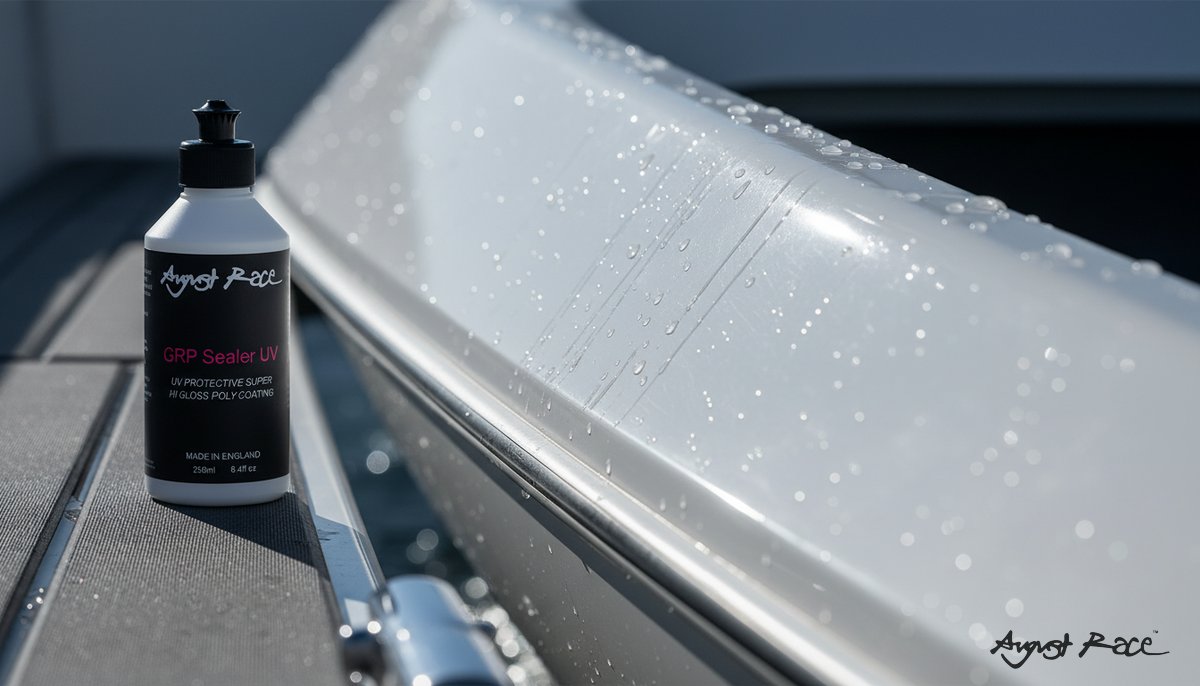 August Race GRP Sealer UV bottle on a gloss hull panel