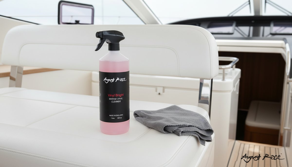 Marine vessel cleaning process showing professional boat maintenance and care products in use