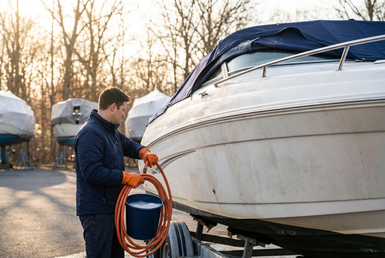 Boat owner washing down a center console hull with a hose after removing a winter storage cover at a marina