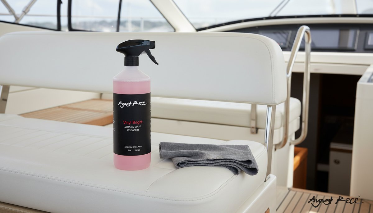 Marine vessel cleaning process showing professional boat maintenance and care products in use