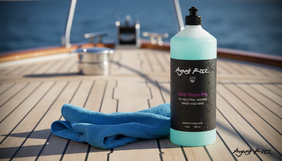 Marine vessel cleaning process showing professional boat maintenance and care products in use