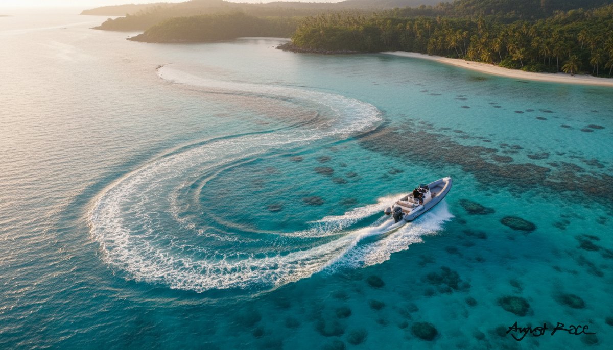 Center console boat with outboard motors cruising in clear tropical water