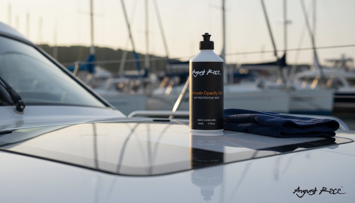 Boat surface protection application showing UV sealer coating for marine equipment maintenance