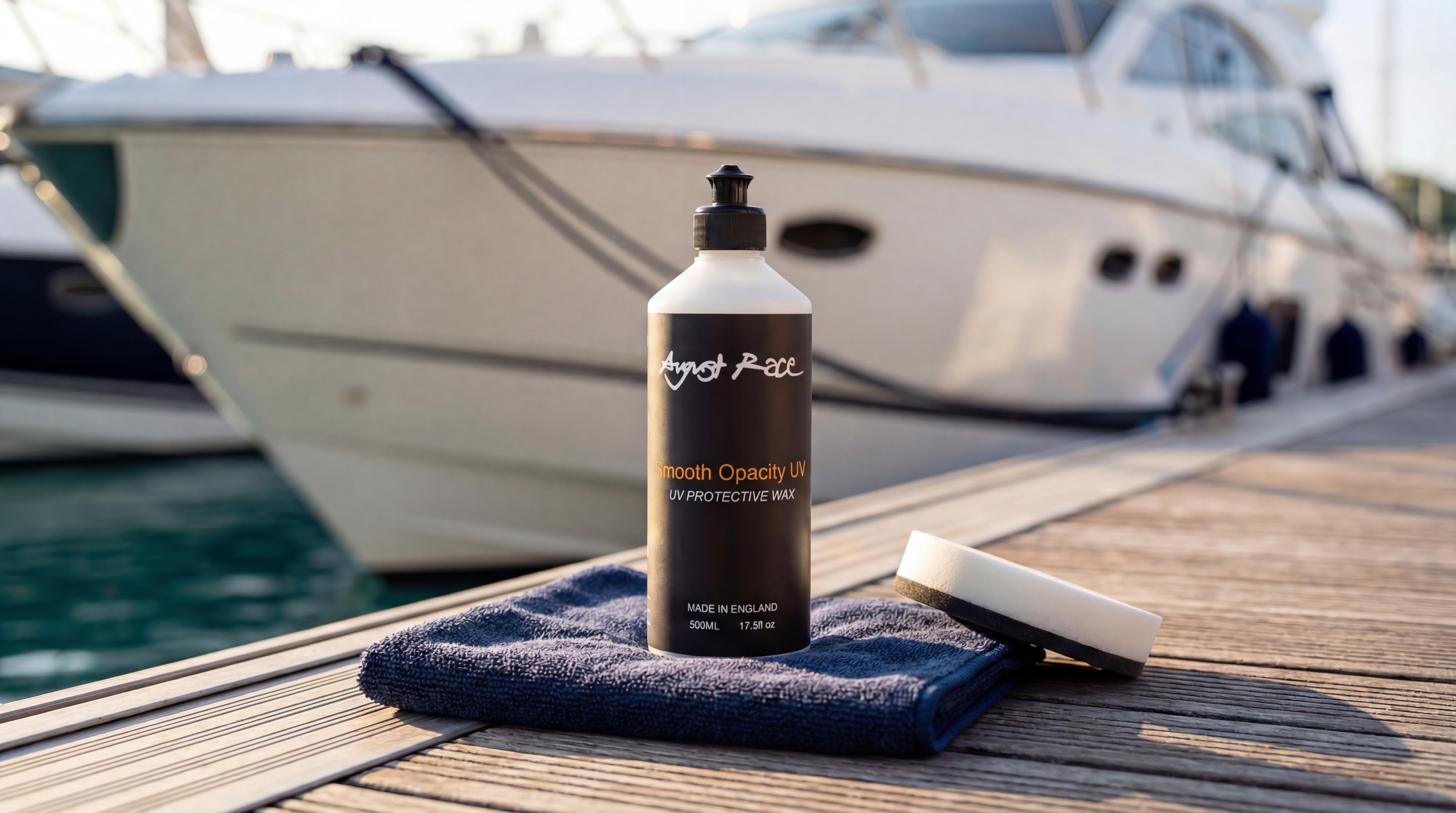 Marine technician using a dual-action polisher to restore oxidized white gelcoat on a powerboat hull in spring