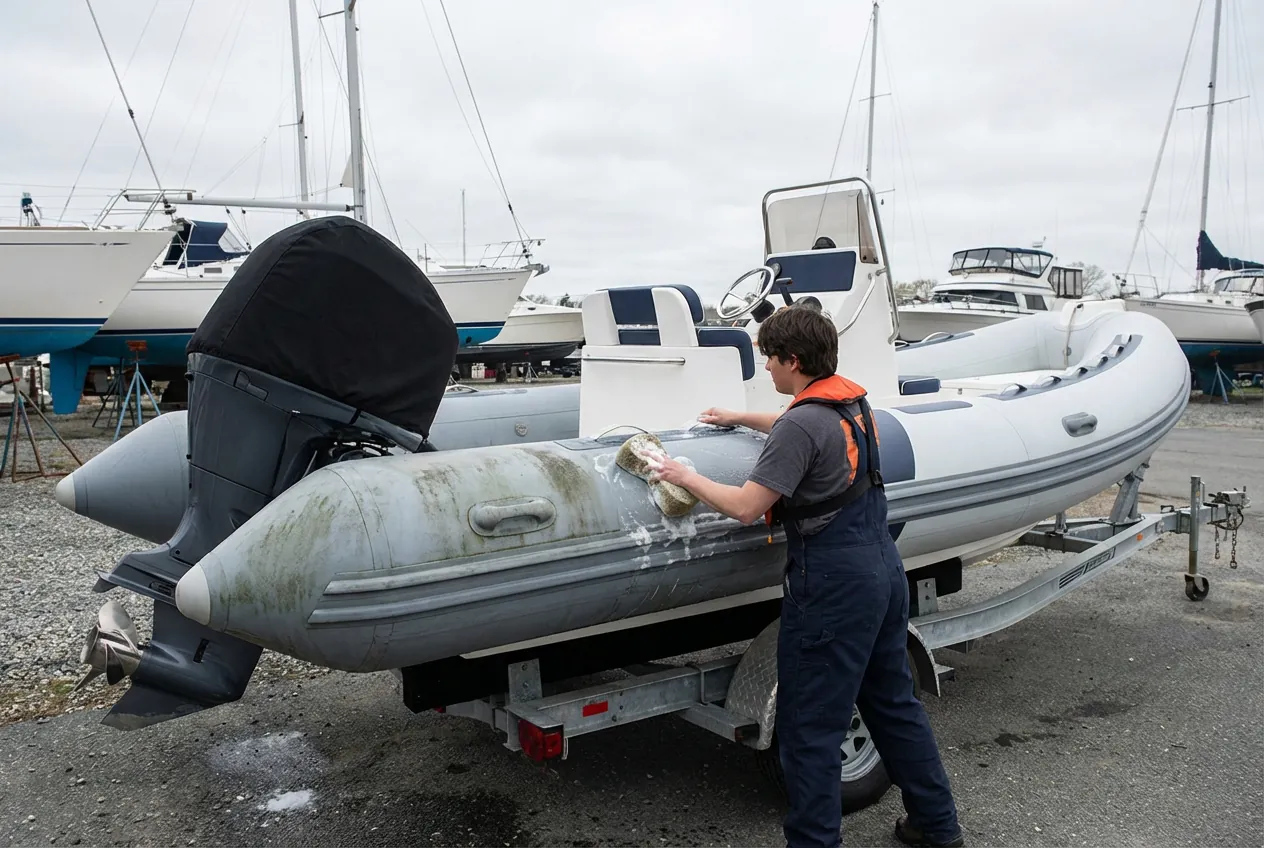 Person scrubbing algae and grime from inflatable RIB tubes on a trailer at a boatyard during spring prep